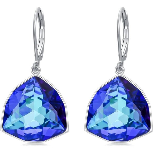 Sterling Silver Sapphire Simple Geometric Birthstone Dangle Drop Earring Jewelry - Picture 1 of 5